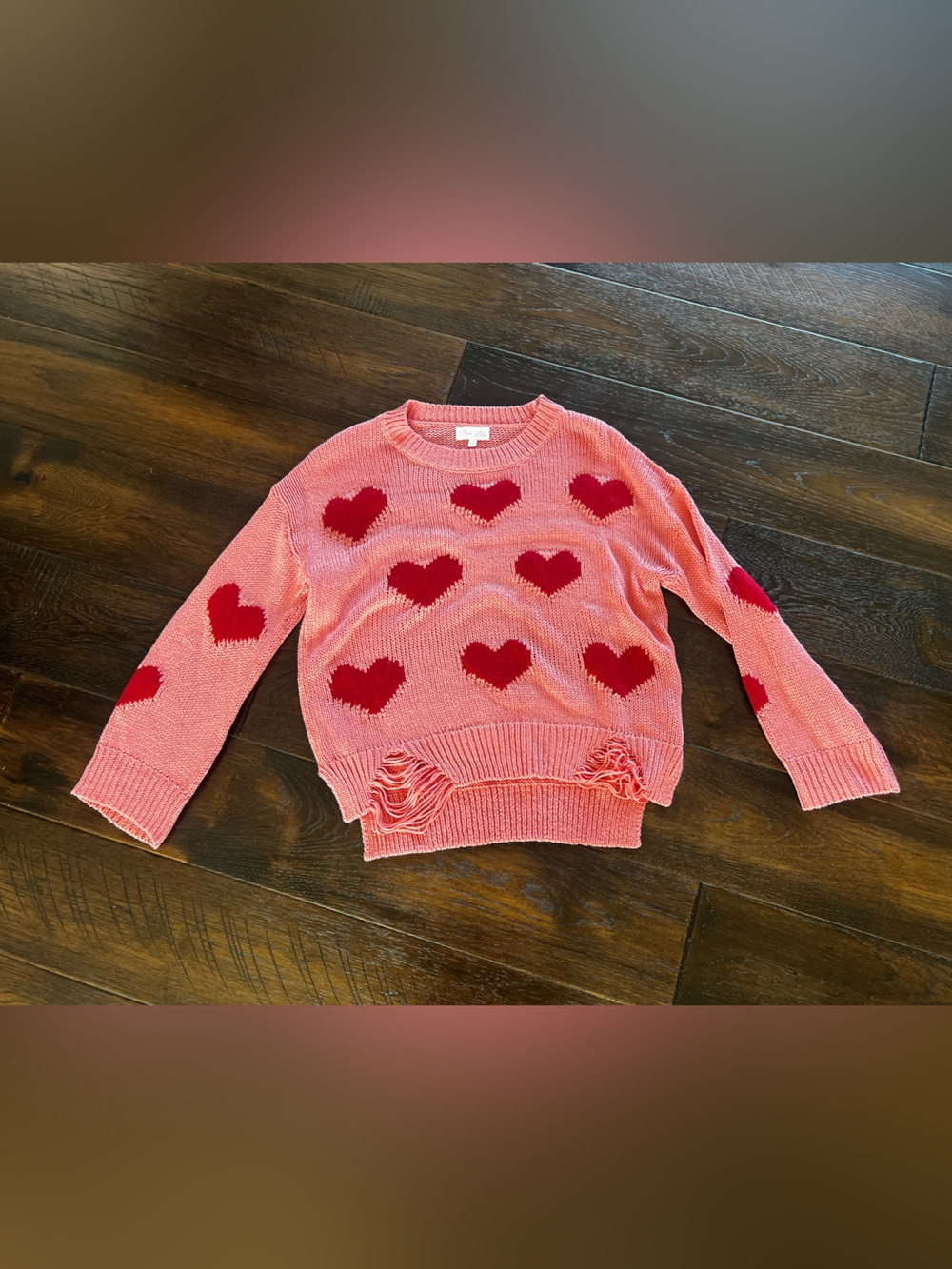 Simply sweet distressed heart pink sweater